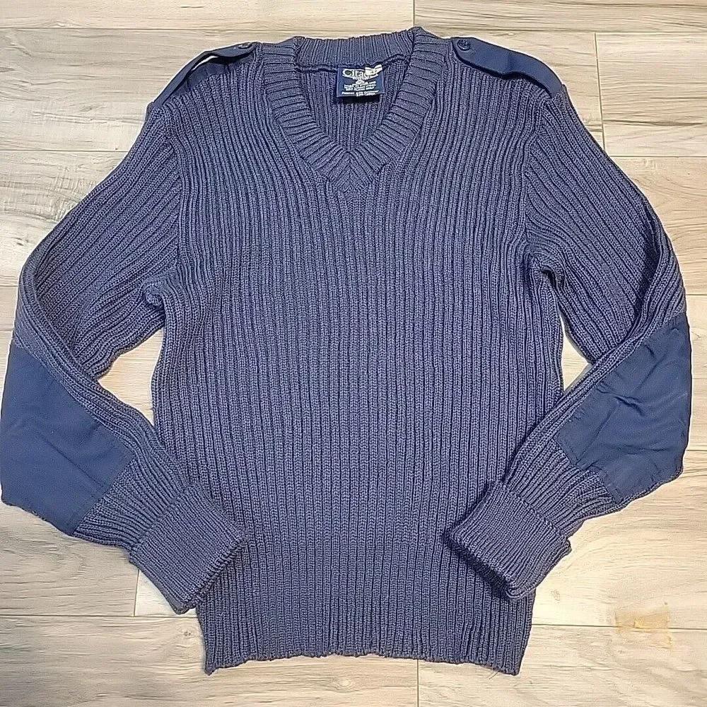 Vintage Citadel Sweater Adult 35 Blue  Wool V-Neck Long‎ Sleeve Elbow Pads